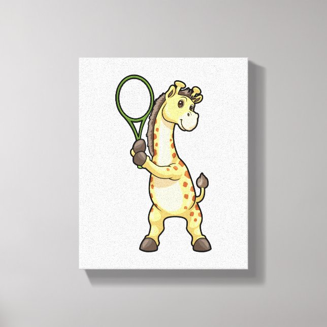 Giraffe at Tennis with Tennis racket Leinwanddruck (Vorderseite)