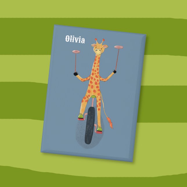 Giraffe auf einem Einrad Blaue Schaltfläche Button (Giraffe acrobat on a unicycle and spinning plates on stick kid  blue pin button . )