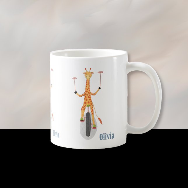 Giraffe auf einem Einrad Kindertasse mit Namen Kaffeetasse (Fun cartoon giraffe on a unicycle kid personalized mug . )