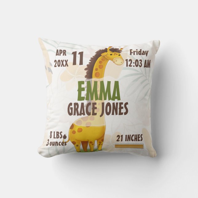 Giraffe Baby Birth Stats Nursery Pillow Boy / Girl Kissen (Vorderseite)