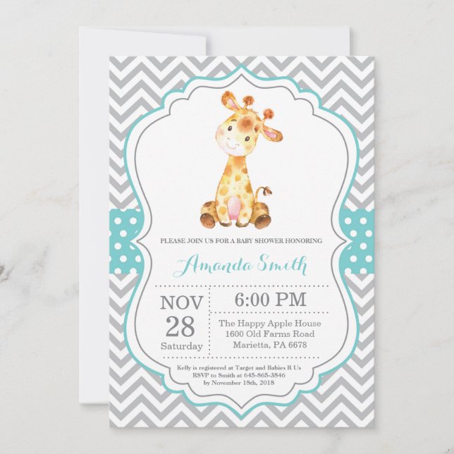 Giraffe Baby Shower Einladung Aqua und Grau (Vorderseite)