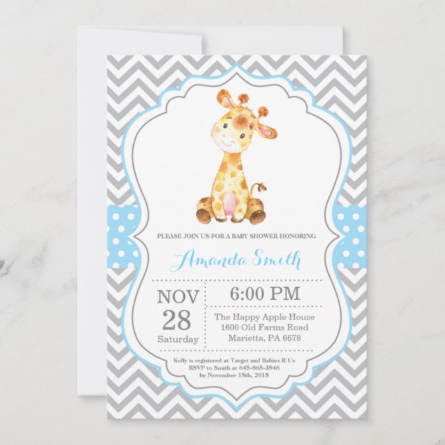 Giraffe Baby Shower Einladung Blau und Grau (Vorderseite)