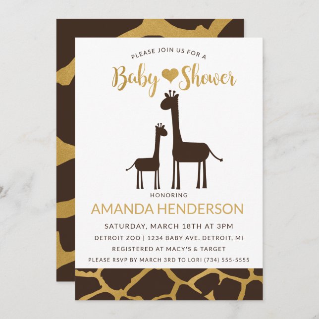 Giraffe Baby Shower Einladung Brown & Gold (Vorne/Hinten)