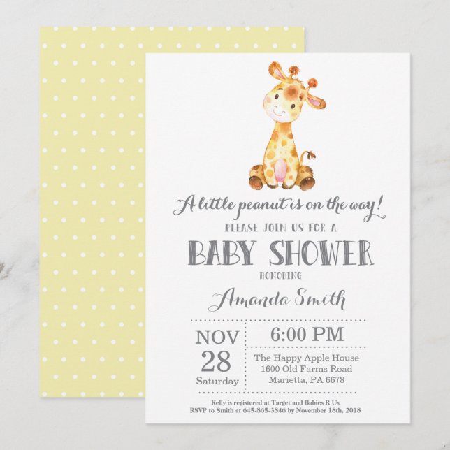 Giraffe Baby Shower Einladung Gelb und Grau (Vorne/Hinten)