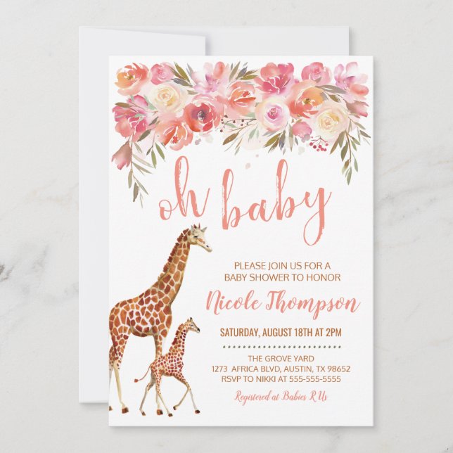 Giraffe Baby Shower Einladung | Rosa Floral (Vorderseite)