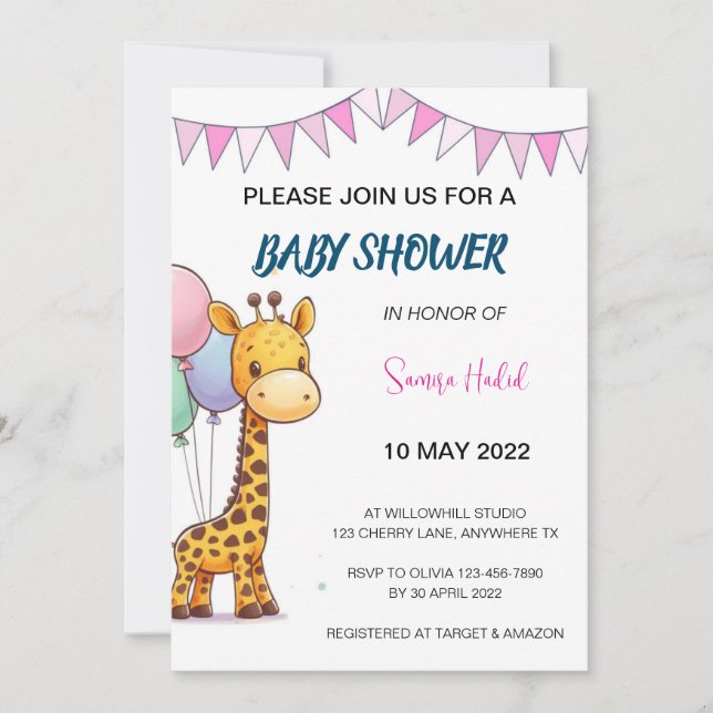 Giraffe Baby Shower - Girl Einladung (Vorderseite)