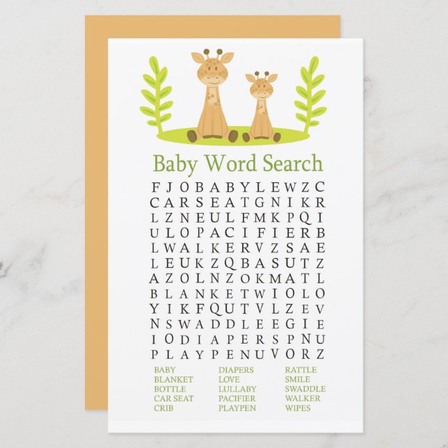 Giraffe Baby Shower Word Search Game (Vorne/Hinten)