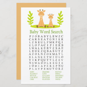 Giraffe Baby Shower Word Search Game