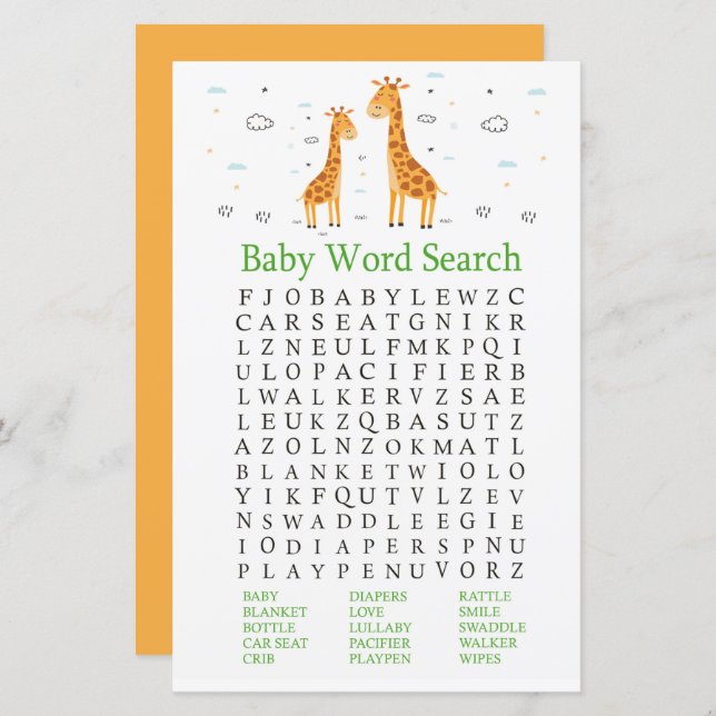 Giraffe Baby Shower Word Search Game (Vorne/Hinten)