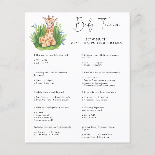 Giraffe Baby Trivia | Baby Showspiel (Vorderseite)