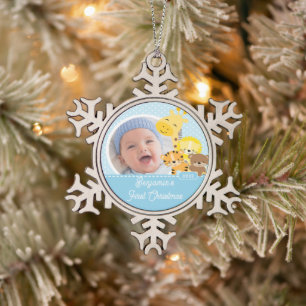 Giraffe Baby's First Christmas Foto Schneeflocken Zinn-Ornament