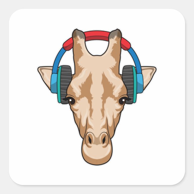 Giraffe bei Musik mit Headphone Quadratischer Aufkleber (Vorderseite)
