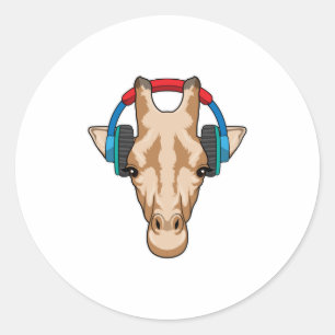 Giraffe bei Musik mit Headphone Runder Aufkleber