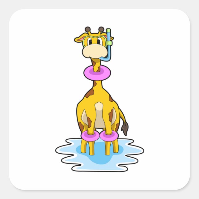 Giraffe beim Schwimmen mit Swim-Ring Quadratischer Aufkleber (Vorderseite)