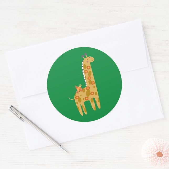 Giraffe Bird & Blume Gold Orange Green Runder Aufkleber (Umschlag)