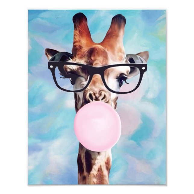 Giraffe Blasen Gum Blau mit dem Titel Hintergrund Fotodruck (Vorne)