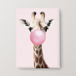 Giraffe bläst Pink Bubble Gum Whimsical Art Button