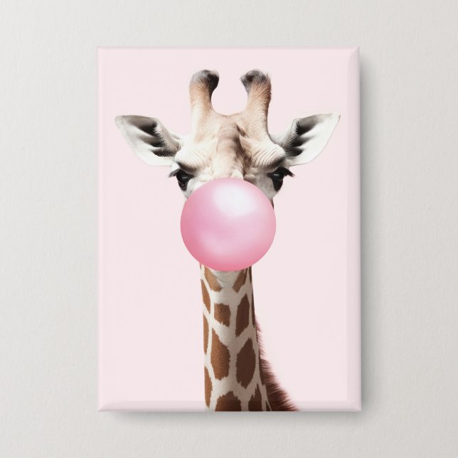 Giraffe bläst Pink Bubble Gum Whimsical Art Button (Vorderseite)