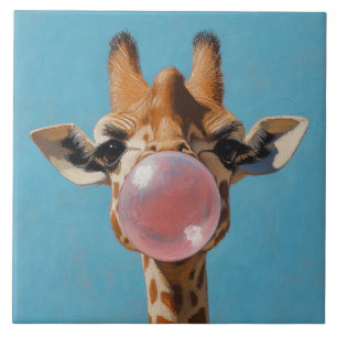 Giraffe bläst rosa Kaugummiblase Fliese