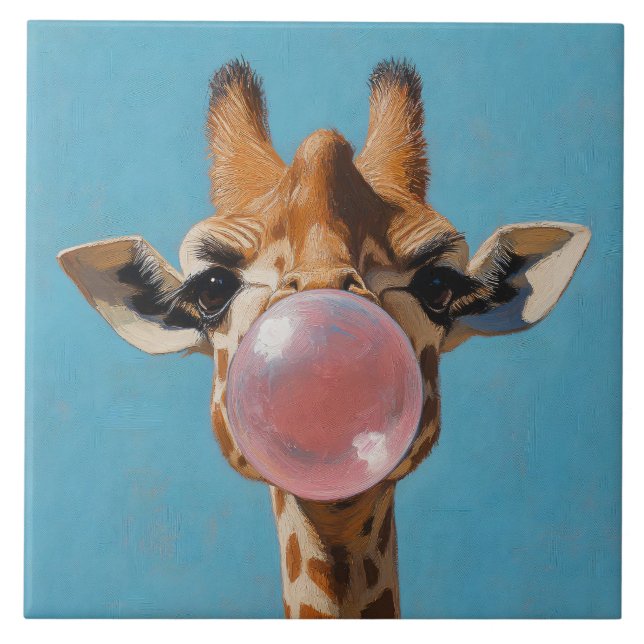 Giraffe Blowing Pink Bubblegum Bubble Fliese (Vorderseite)