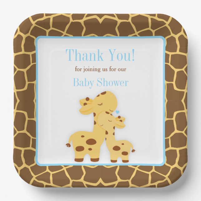 Giraffe Blue Boy Baby Shower Pappteller (Vorderseite)