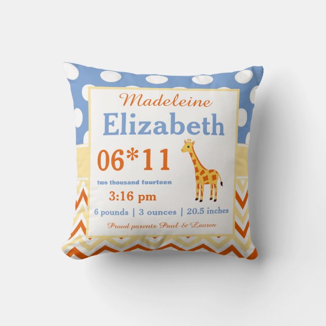 Giraffe Blue Yellow Baby Announcement Pillow Kissen (Vorderseite)