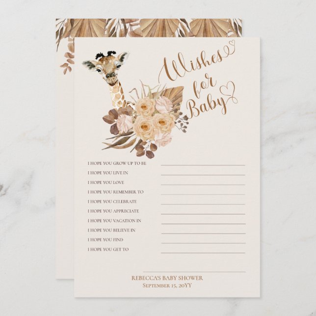 Giraffe Boho Grasses Baby Dusche Wünsche für Baby Einladung (Vorne/Hinten)