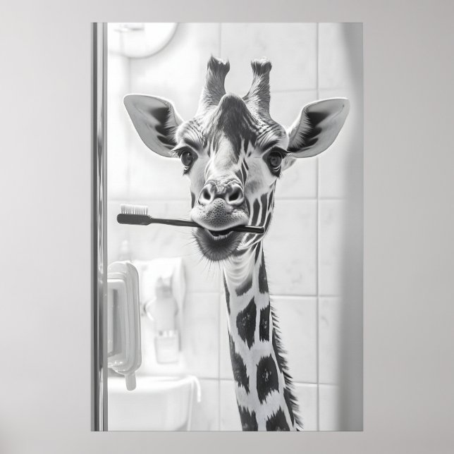 Giraffe Brushing Teeth Print, Funny Bathroom Poster (Vorne)