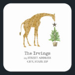 Giraffe Christmas Tree Adresse Quadratischer Aufkleber<br><div class="desc">Illustration einer Giraffe,  die einen Weihnachtsbaum mit einem Stern schmückt.</div>