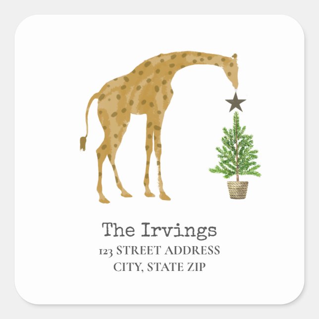 Giraffe Christmas Tree Adresse Quadratischer Aufkleber (Vorderseite)