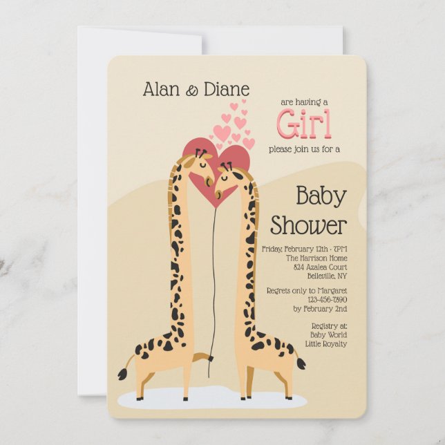 Giraffe Couple Girl Baby Shower Einladung (Vorderseite)
