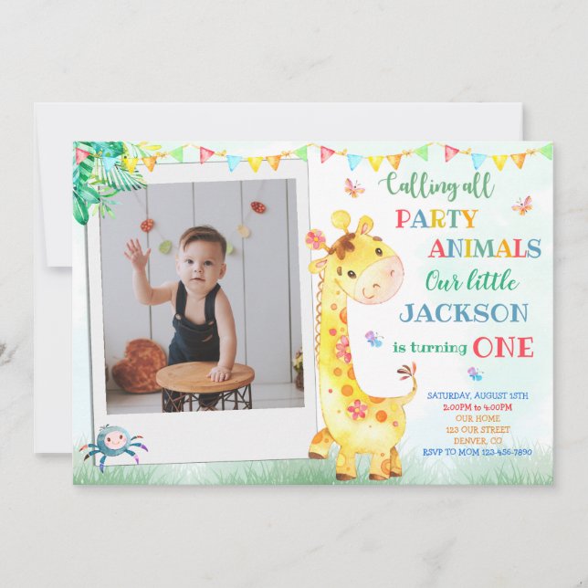 Giraffe Einladung zum Geburtstag Foto Safari einla (Vorderseite)