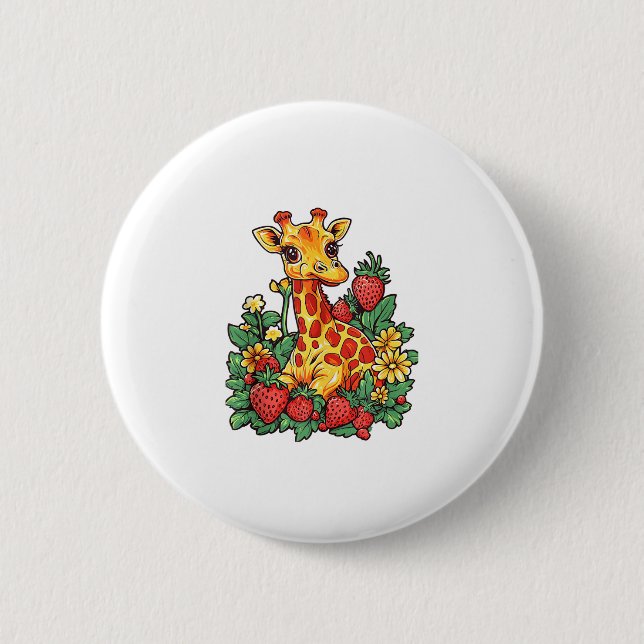 Giraffe Erdbeeren und Blume Grafische Niedliche Gi Button (Vorderseite)