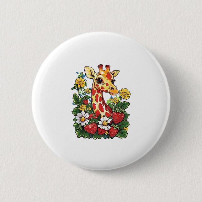 Giraffe Erdbeeren und Blume Grafische Niedliche Gi Button (Vorderseite)