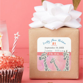 Giraffe Family Baby Girl Geburtstagsaufzeichnungen Quadratischer Aufkleber