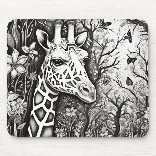 Giraffe Friedlich Nature Prairie Sketch Zeichnend  Mousepad (Vorne)