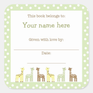 Giraffe Friends Baby Shower Book Plate Neutral Gen Quadratischer Aufkleber