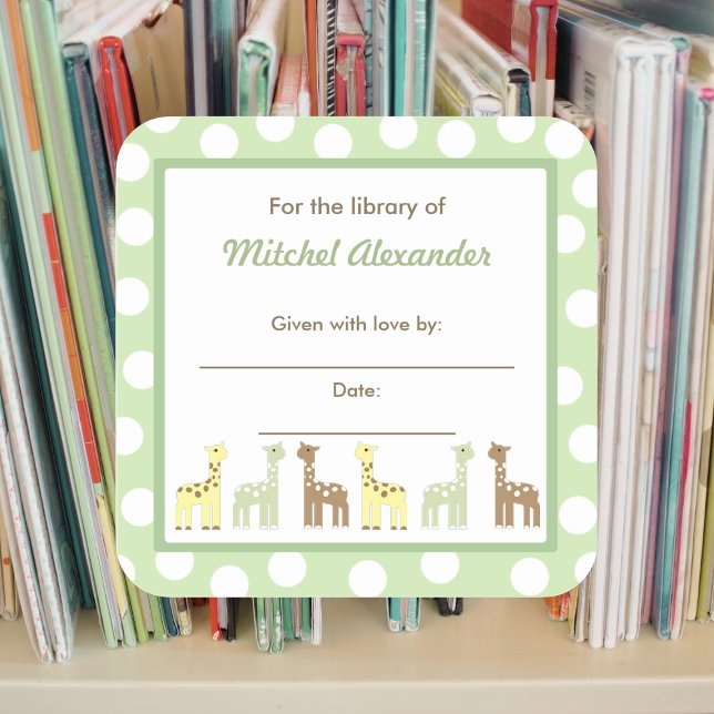 Giraffe Friends Babydusche Buchzeichen Quadratischer Aufkleber (Von Creator hochgeladen)