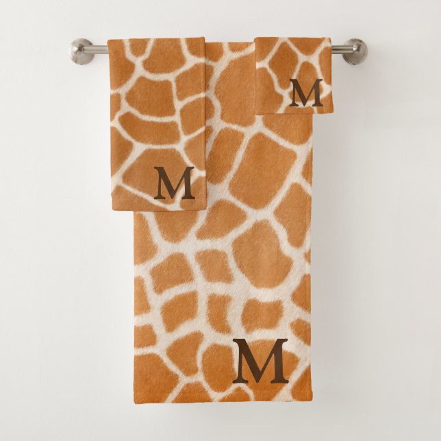 Giraffe für realistische Tierdruckbraun-Monogramm Badhandtuch Set (Insitu)
