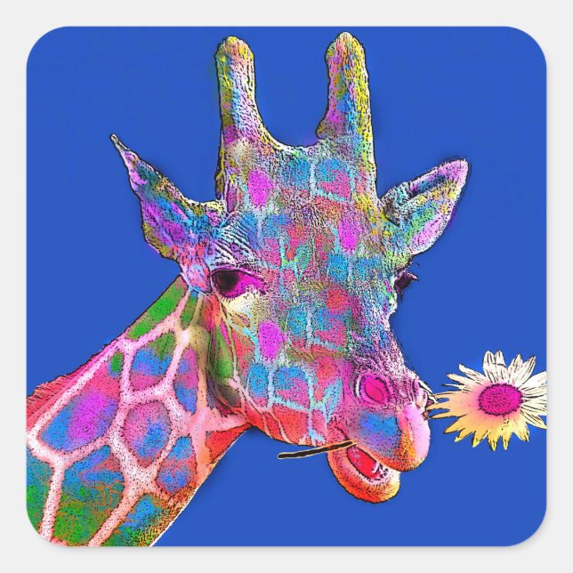 Giraffe für viele Farben mit Blume Quadratischer Aufkleber (Vorderseite)