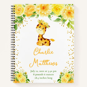 Giraffe Gelbe Blumen Geburtsstatistik Notizbuch
