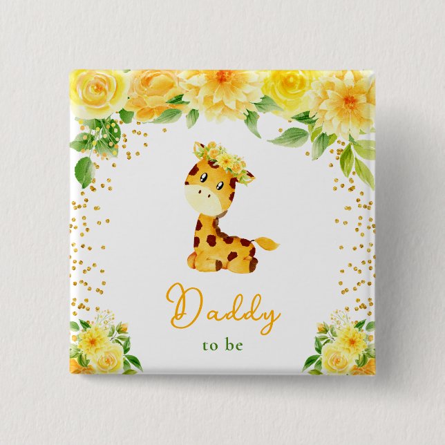 Giraffe Gelbe Blumen Papa Wird Kommen Button (Vorderseite)