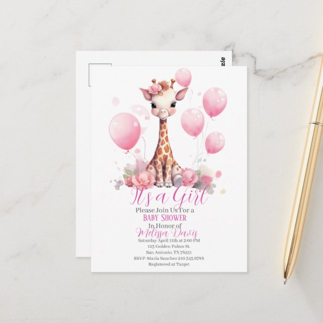 Giraffe Girl Baby Shower Invitation Postkarte (Vorderseite/Rückseite Beispiel)