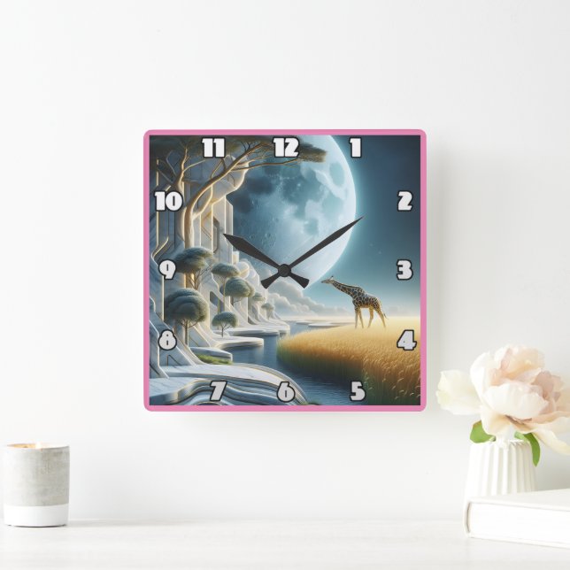 Giraffe grast unter dem Mond in Afrika Quadratische Wanduhr (Zuhause)