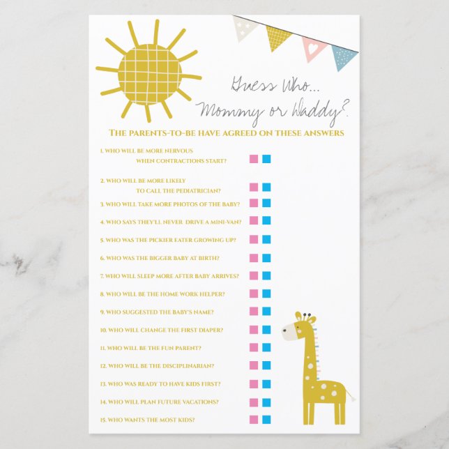 Giraffe Guess Who, Mommy oder Daddy Baby Shower Ga (Vorderseite)