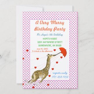Giraffe Herz Geburtstagsparty Einladung Pink Dots