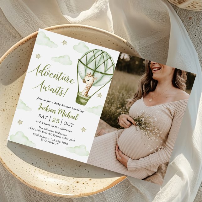 Giraffe Hot Air Ballon Green Baby Shower Foto Einladung (Von Creator hochgeladen)
