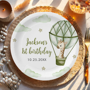 Giraffe Hot Air Ballon Green Boy 1. Geburtstag Pappteller