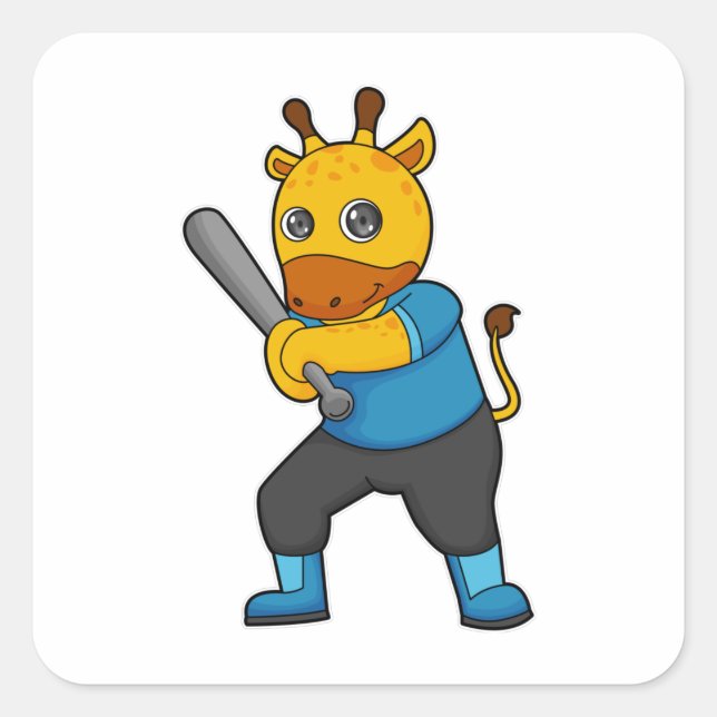 Giraffe im Baseball mit Baseballschläger Quadratischer Aufkleber (Vorderseite)