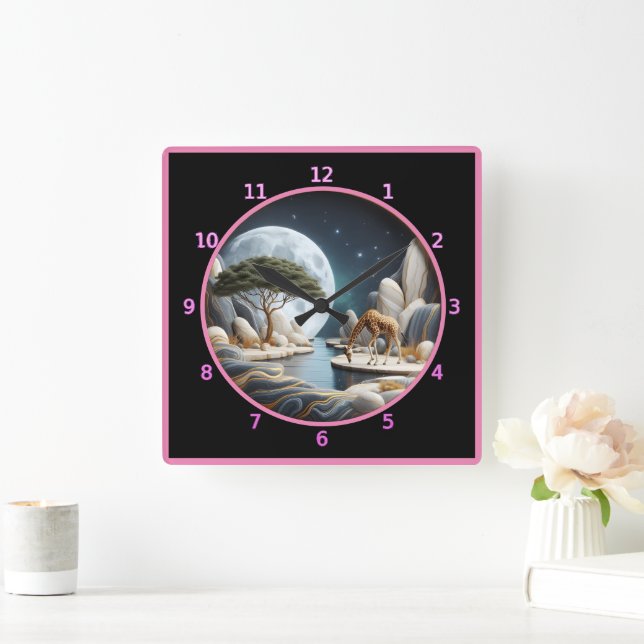 Giraffe im Mondwasser in Afrika Quadratische Wanduhr (Zuhause)